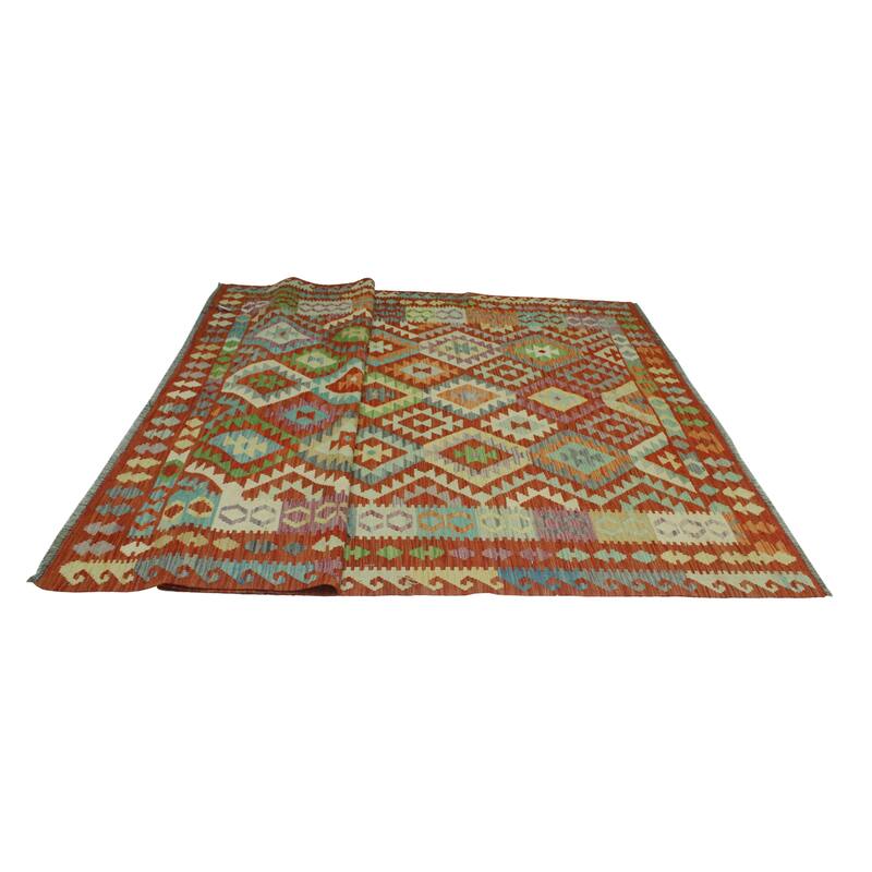 Hand-Woven Sangat Kilim Nobu Rust/Green Rug - 6'6" x 9'7"