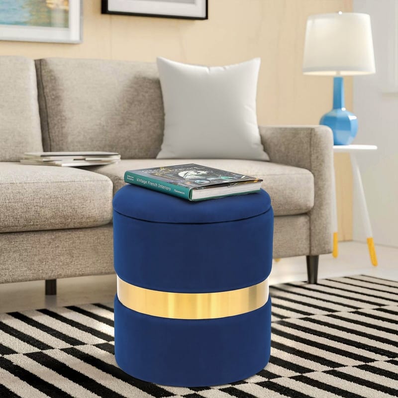 Adeco Set of 2 Velvet Storage Ottoman Round Foot Stool Metal Band