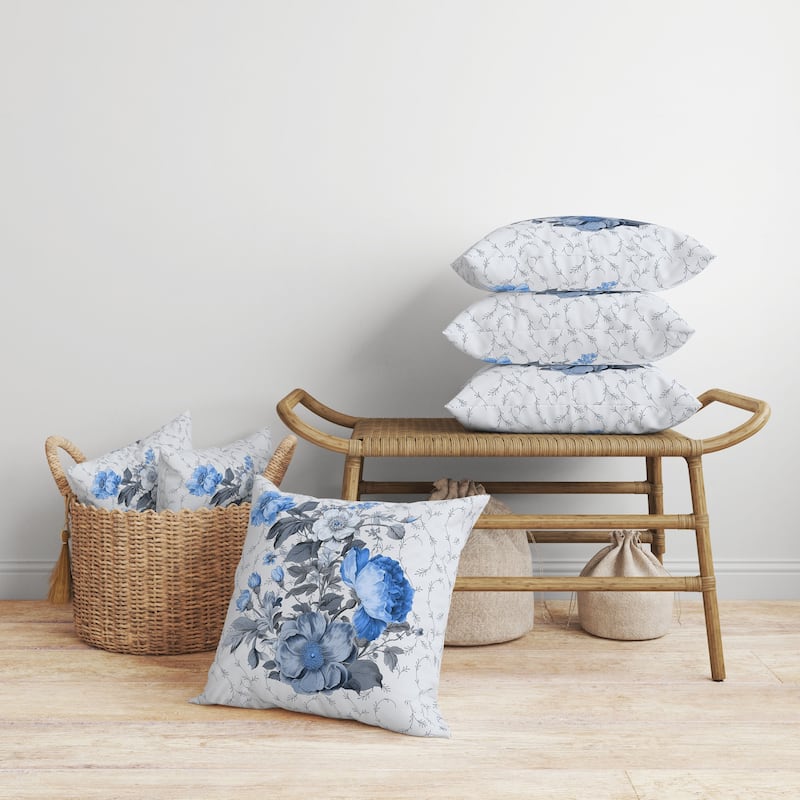 Flower and Knop Faux Suede Reversible Throw Pillow Grey and Blue