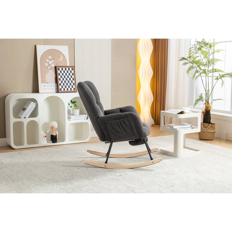 High Backrest Nursery Rocking Chair, Teddy Upholstered Glider Chair with Footrest, Recliner Chair with Solid Wood Legs