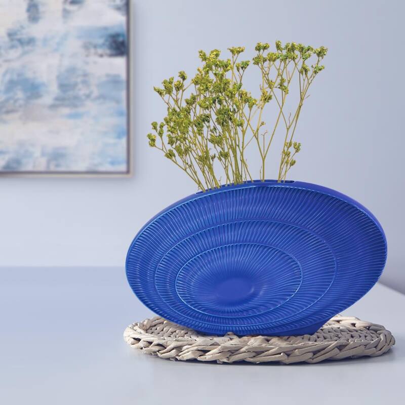 Allan Andrews Radiant Blue Ribbed Ceramic Vase Collection - 8.25"H x 13.25"W