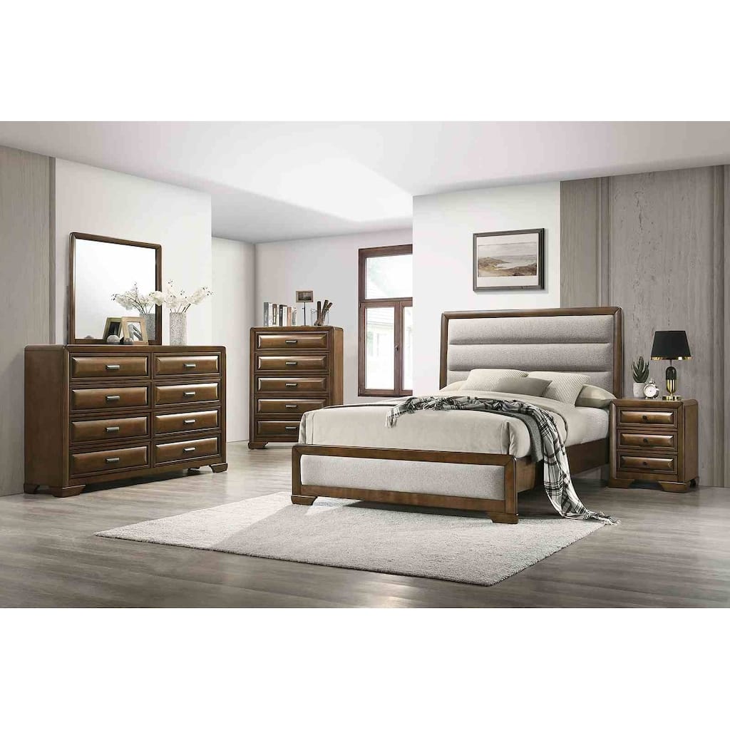 Transitional Brown & Light Gray Bedroom Set - Upholstered Headboard Bed
