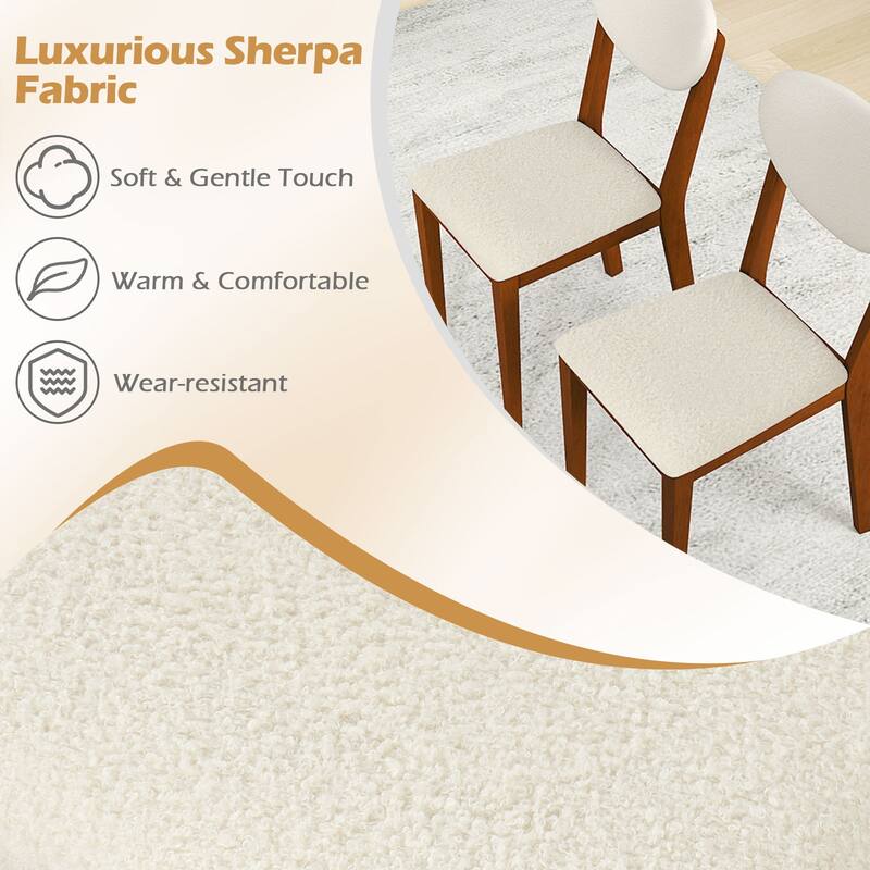Set of 4 White Sherpa Upholstered Dining Chairs with Walnut Rubber Wood Legs for Home or Kitchen - 16.5" x 20.5" x 34.5"