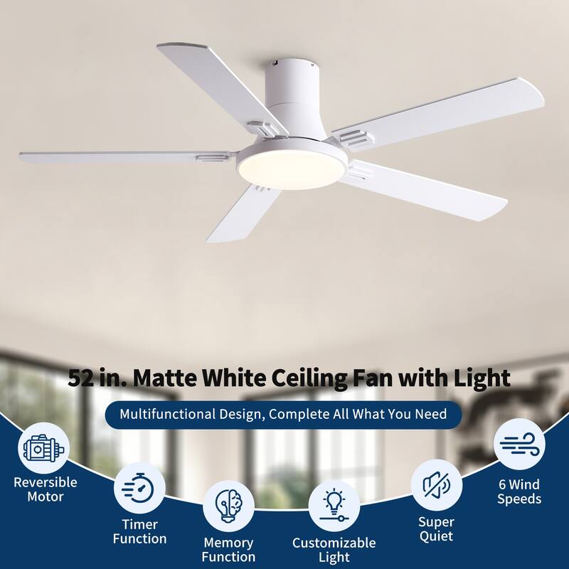 Sofucor 52 Inch Low Profile Flush Mount 5 Blades Ceiling Fan with Dimmable Light and Remote Control - 52 Inches