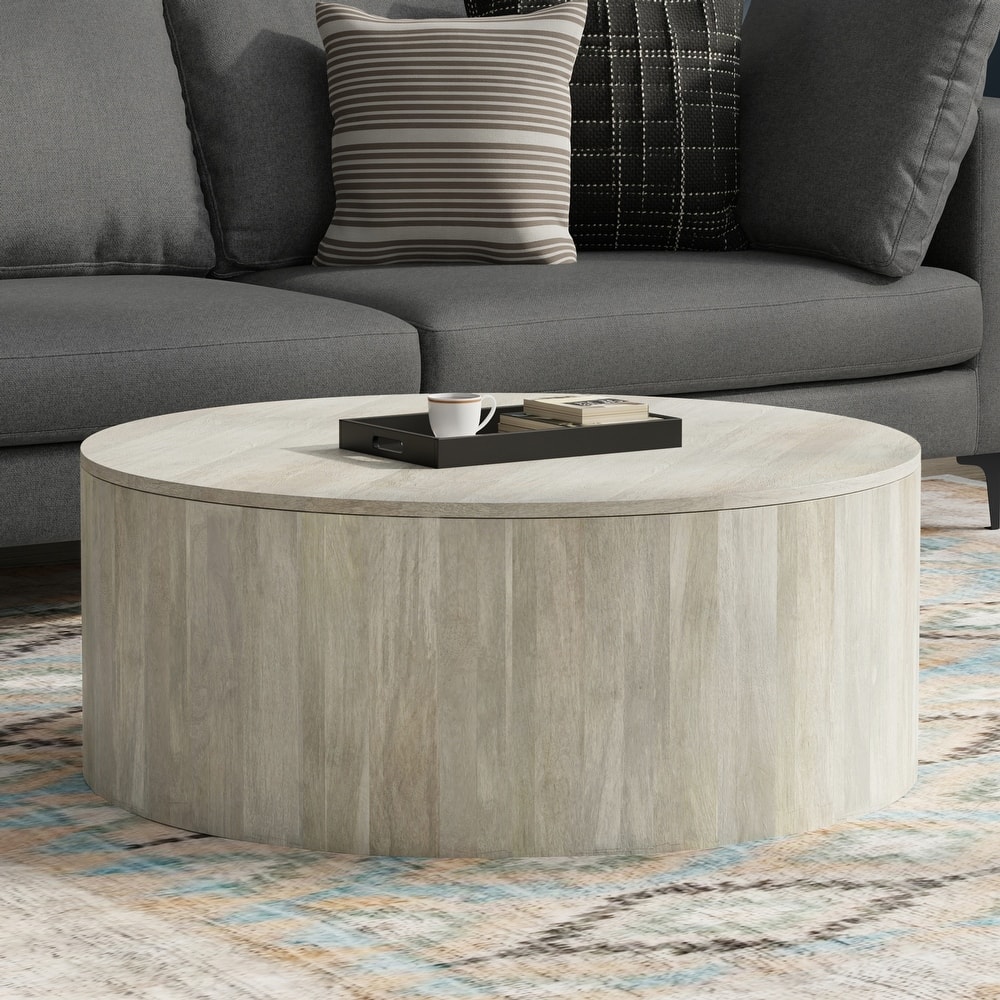 WYNDENHALL Hillmount SOLID MANGO WOOD 36 inch Wide Round Contemporary Drum Coffee Table & Fully Assembled - 36"d x 36" w x 14"h