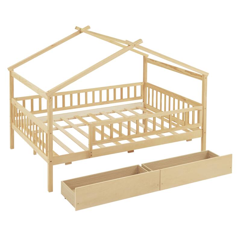 Full Size Wooden House Bed with Two Drawers, Natural Finish