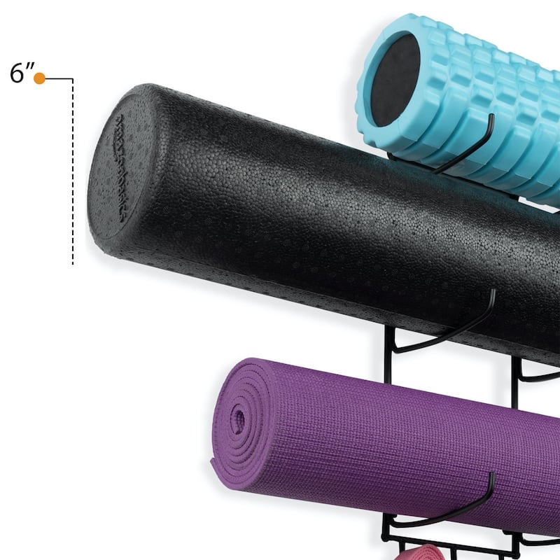 Wall Mount Yoga Mat Holder and Foam Roller Rack with 3 Hooks (Set of 3)