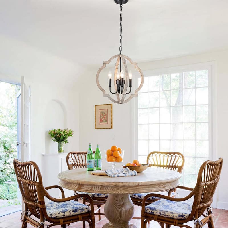 4-Light 16.33"W Wooden Lantern Rustic Chandeliers for Dining Room Kitchen