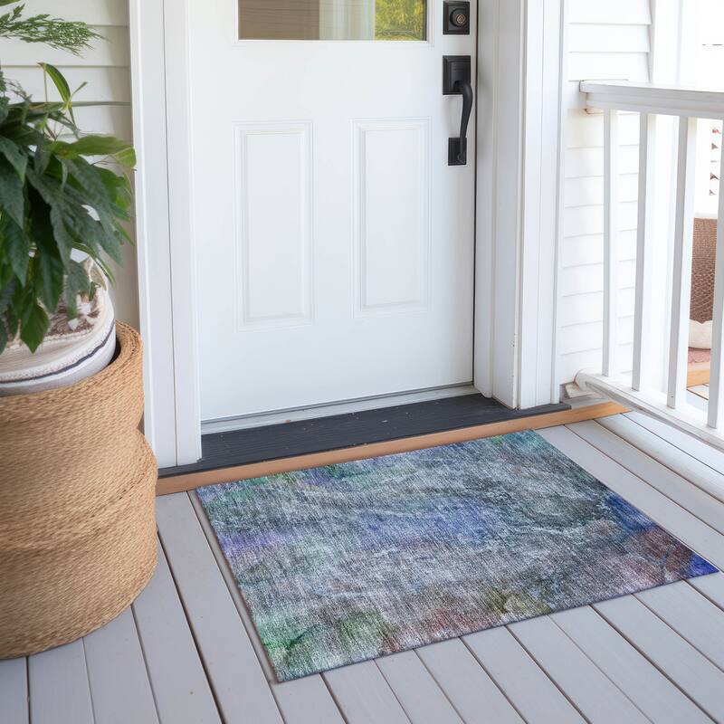 Machine Washable Indoor/ Outdoor Abstract Watercolor Chantille Rug - Blue - 1'8" x 2'6"