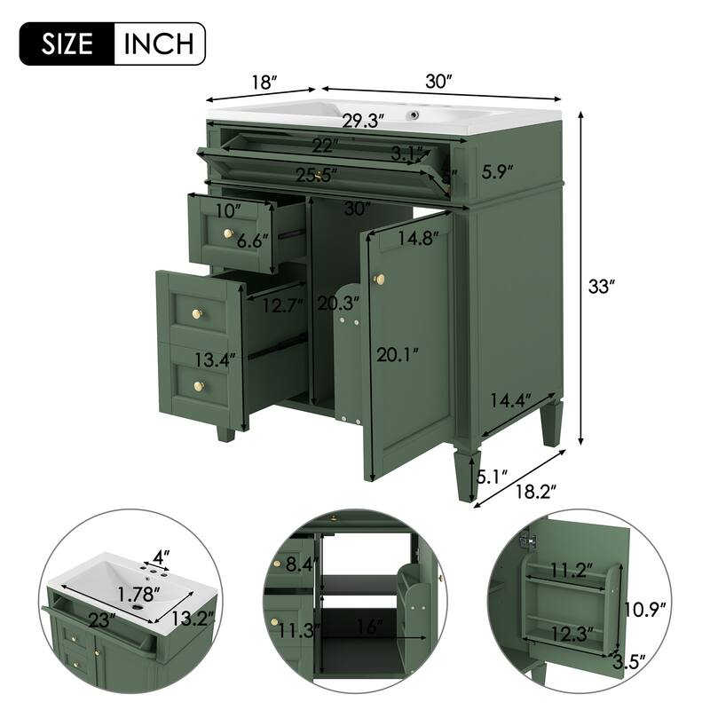 30''/36'' Bathroom Vanity with Top Sink, Modern Bathroom Storage Cabinet with 2 Drawers, a Tip-out Drawer & Adjustable Shelf