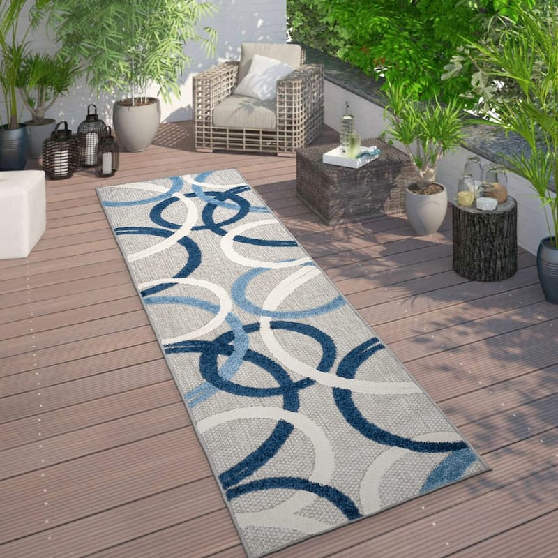 World Rug Gallery Contemporary Circular Indoor/Outdoor Area Rug - 2' x 7' Runner - Navy