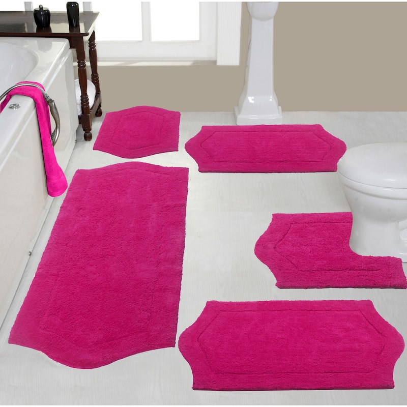 Waterford Collection 100% Cotton Non-Slip Bathroom Rug Set, Machine Washable Bath Rug, 5 Piece Bath Mat Set with Contour - Hot Pink