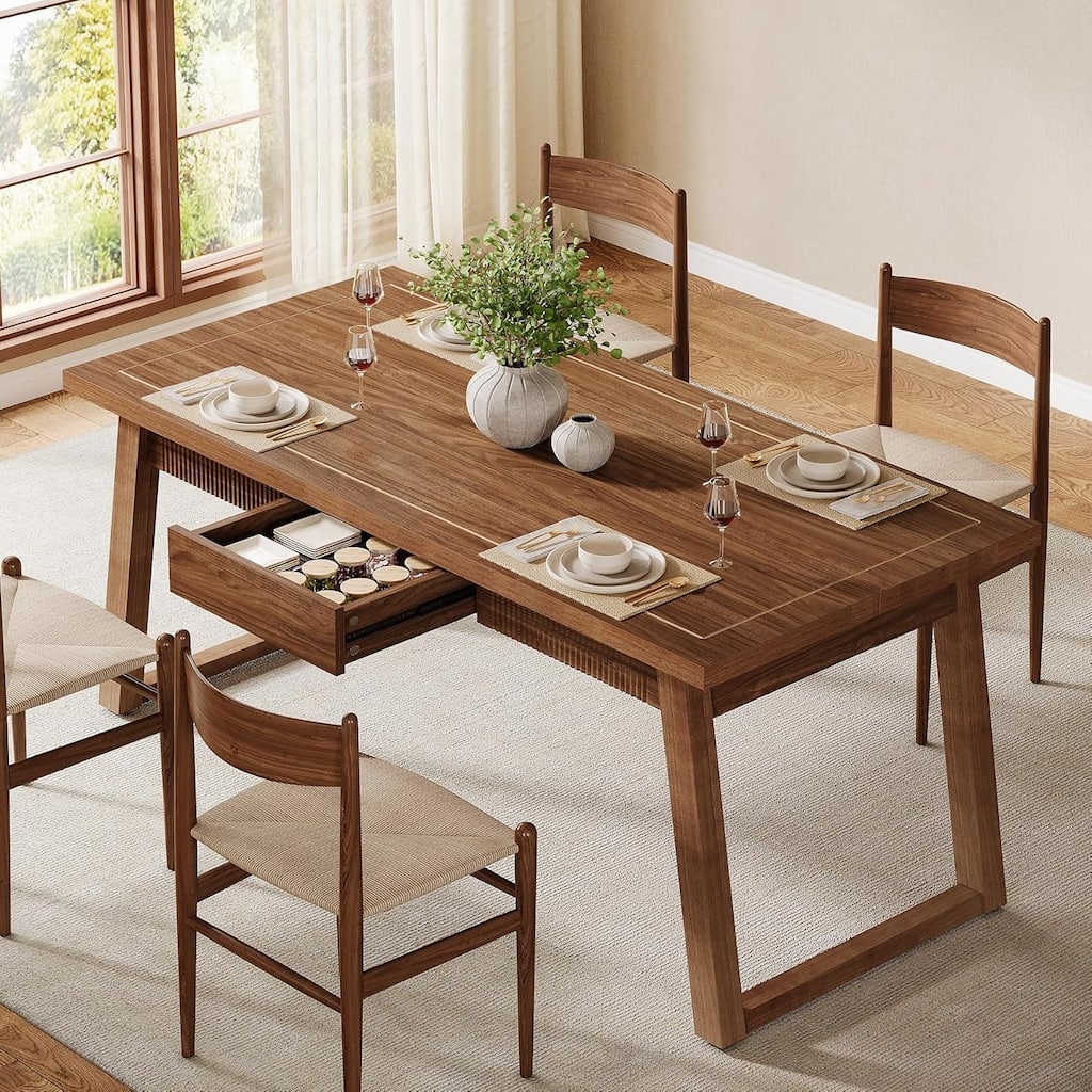 55 Inches Dining Table with Storage Drawer, Rectangular Dinner Kitchen Table