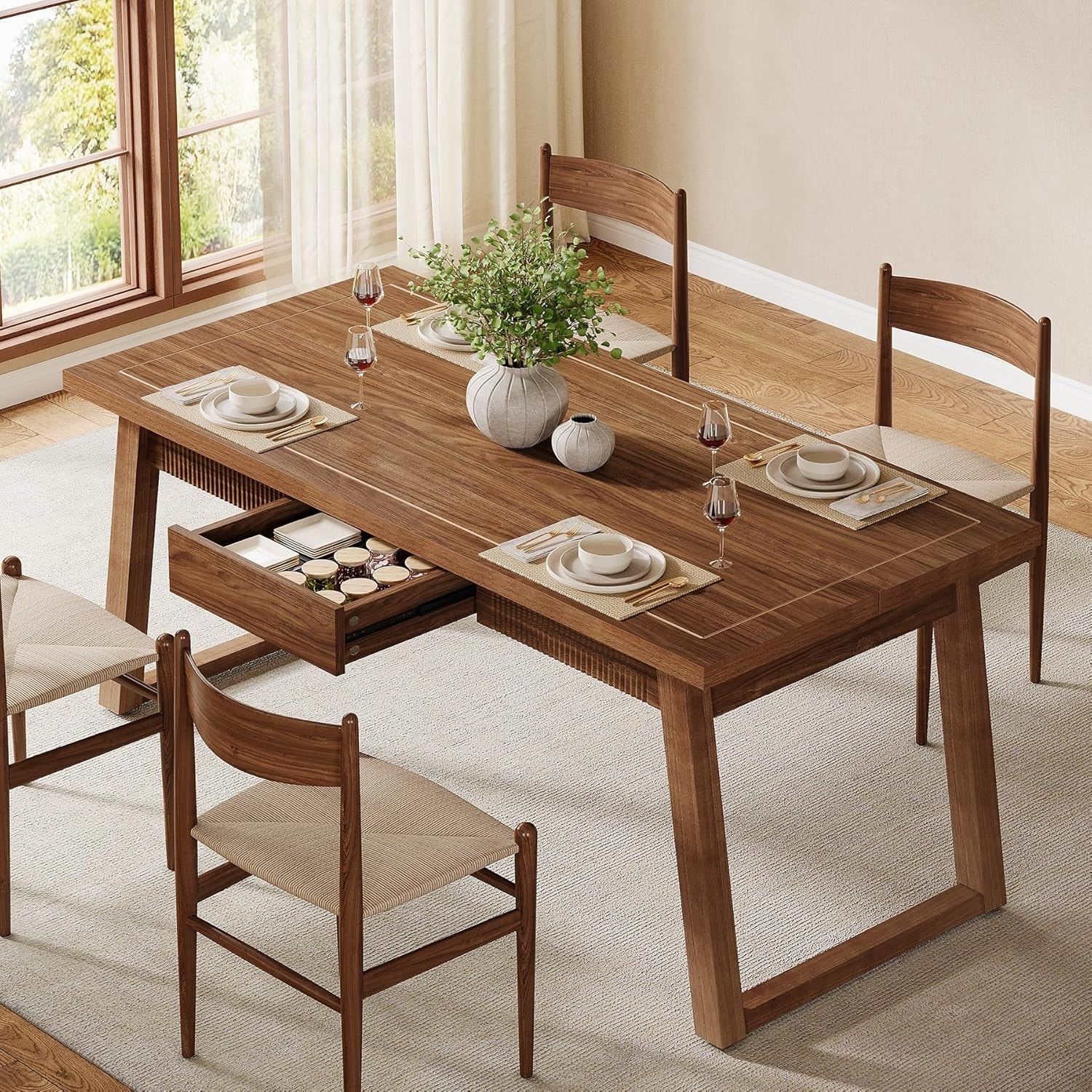 55 Inches Dining Table with Storage Drawer, Rectangular Dinner Kitchen Table