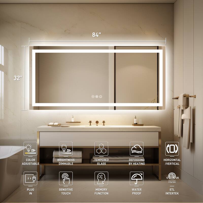 Durx-litecrete Rectangular Frameless Wall Mount 3 Colors Dimmable Anti-fog LED Bathroom Vanity Mirror