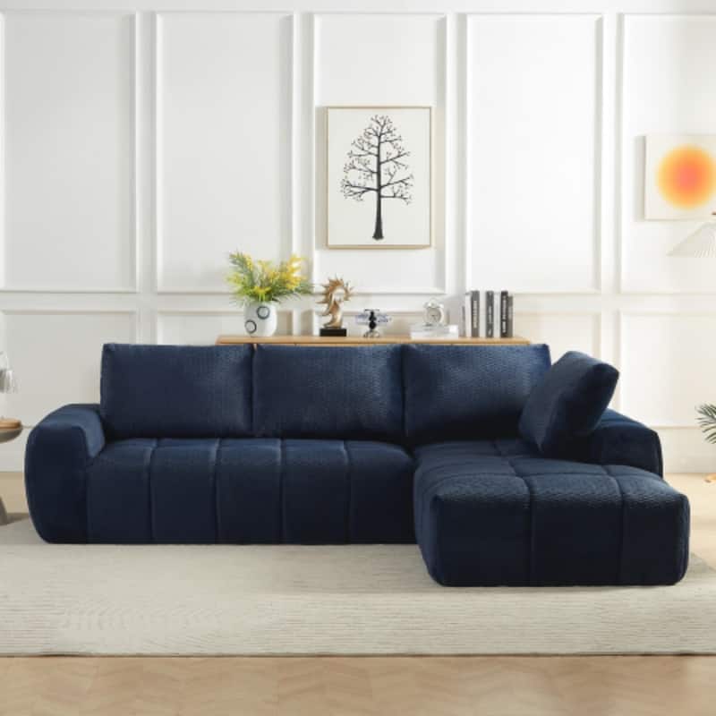 111.4" L-Shaped Mnimalist Faux Fur Sectional Oversized Sofa for Living Spaces - Dark Blue - Left Facing