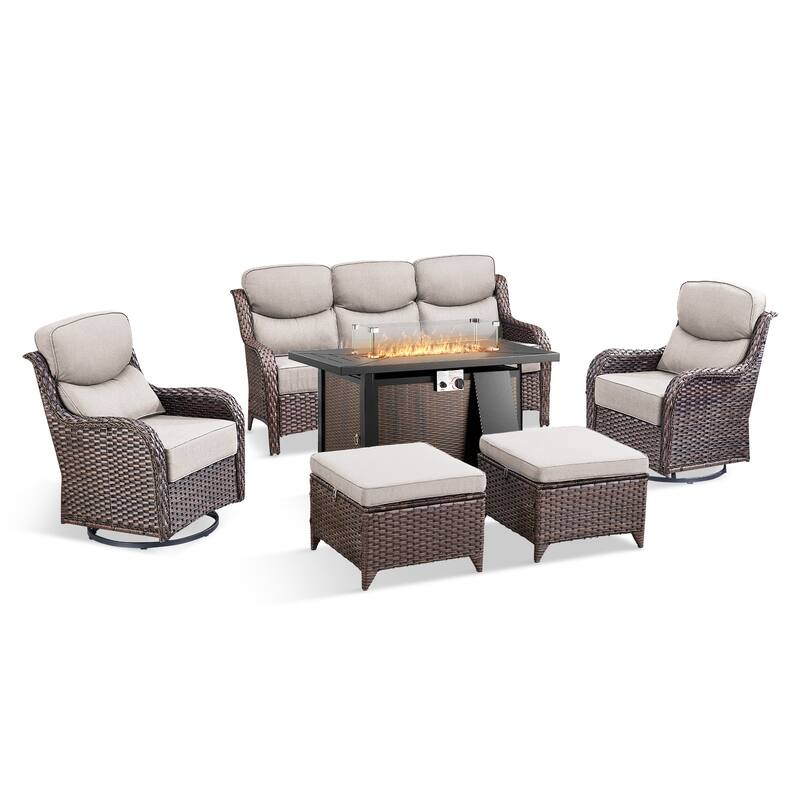 Pocassy Patio Sofa Swivel Chairs Ottoman w/ 43in Fire Table Set