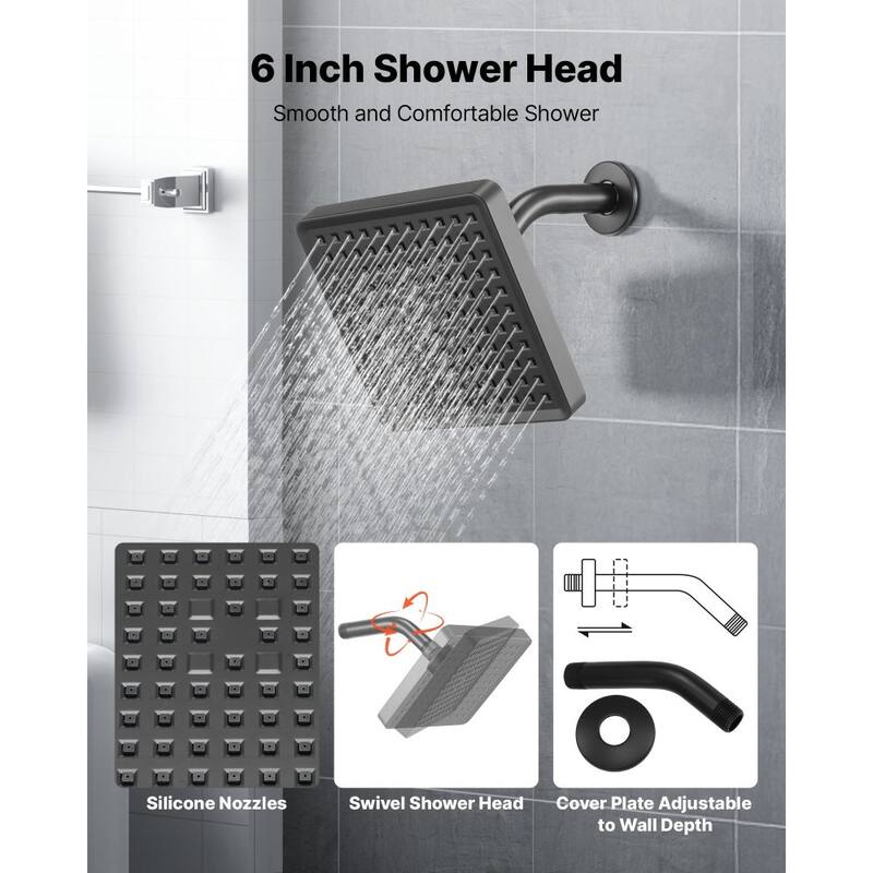 Matte Black ABS and Stainless Steel 4-Piece Tub and Shower Faucet Set with 6-Inch High-Pressure Head - 6 x 6 in