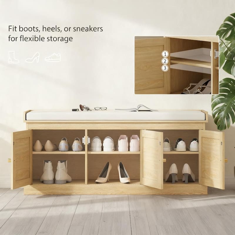 Shoe Storage Bench with Woven Rattan Doors, Shoe Bench with Cushion