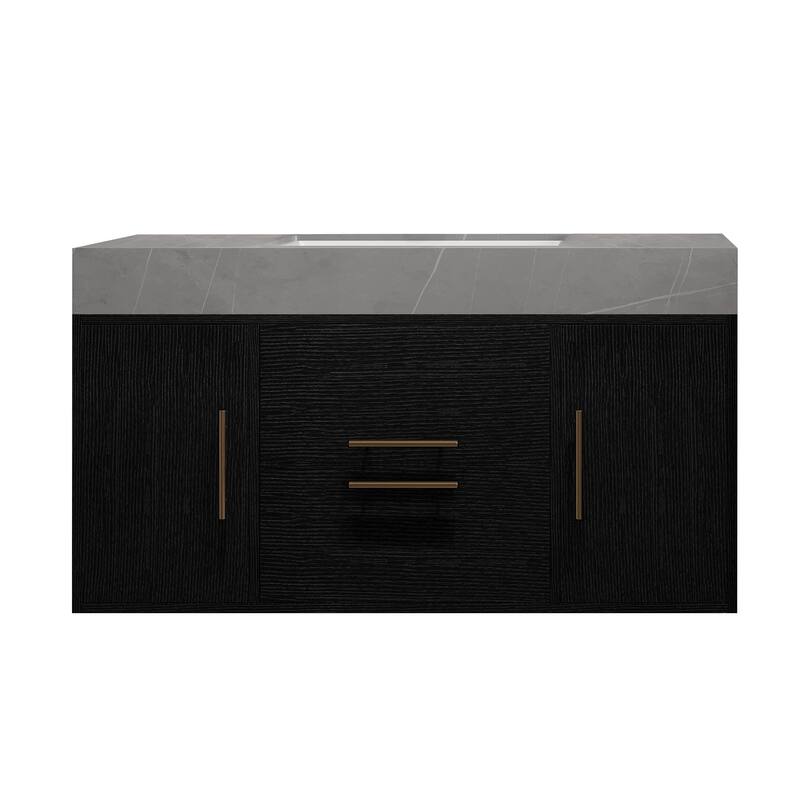 GDFStudio - Modern 39.4" Wall Mounted Floating Sintered Stone Bathroom Vanity with Seamless Ceramic Sink & Soft-Close Drawers