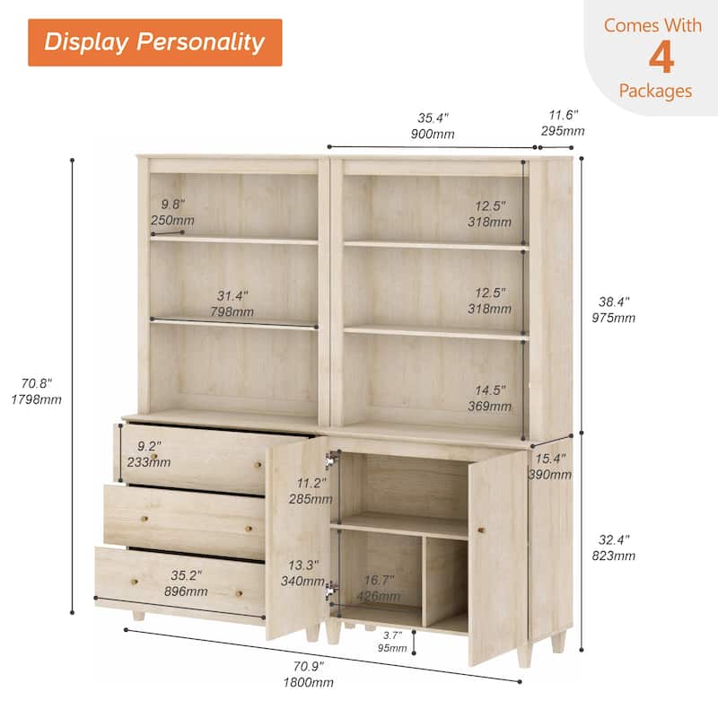WAMPAT 71" Tall Bookshelf Set of 2, 5-Tier Modern Bookcases with 1 Cabinet and 3 Drawers for Living Room