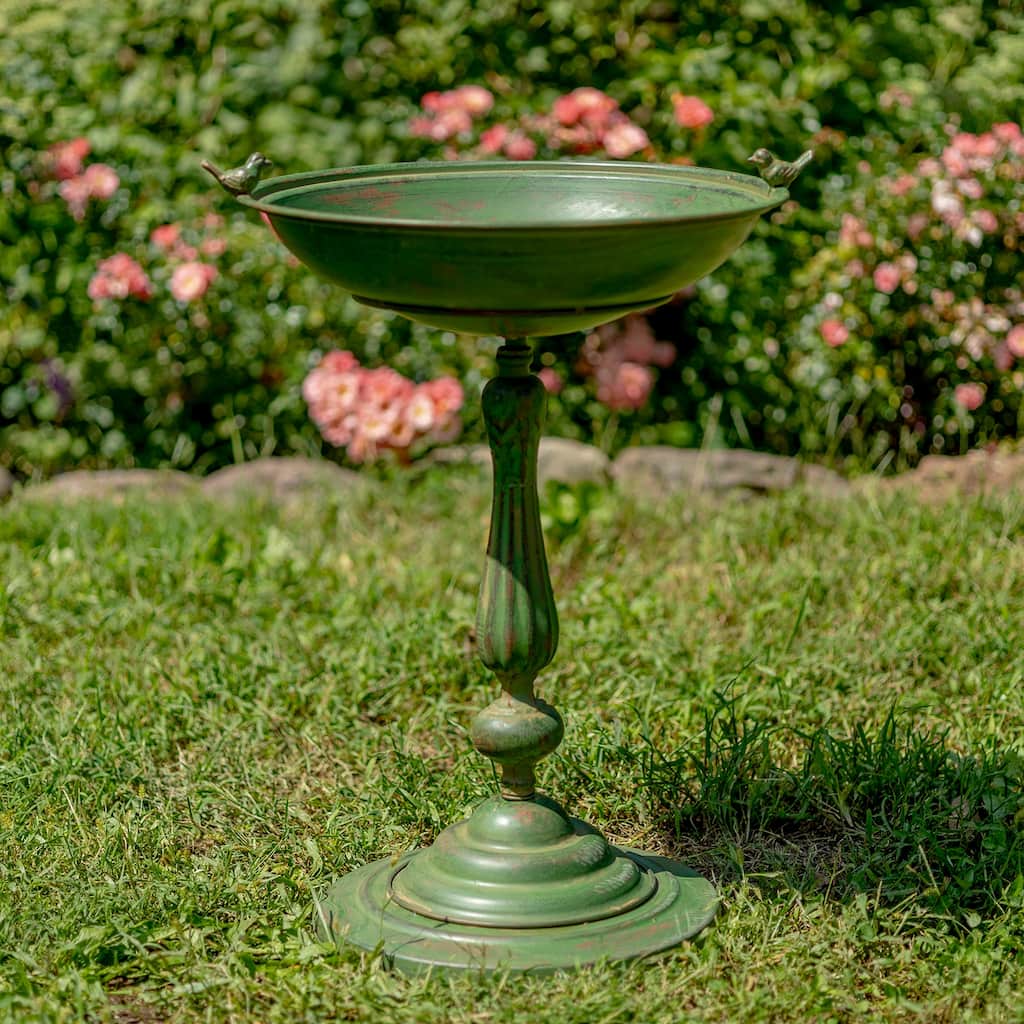 Round Pedestal Birdbath with Bird Details