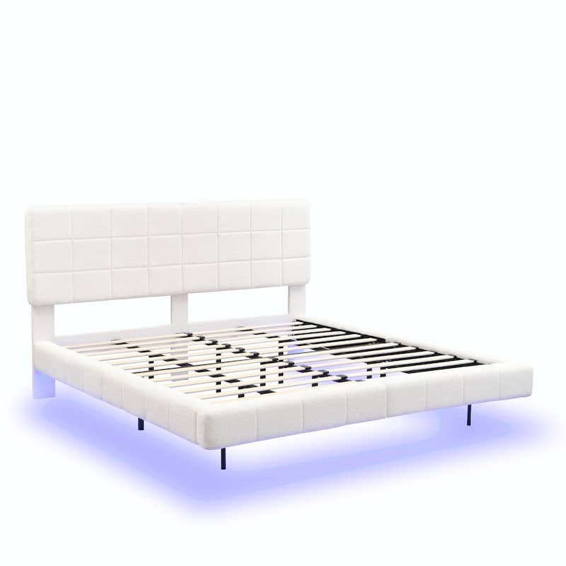 White Bouclé Floating Bed with Ambient Light