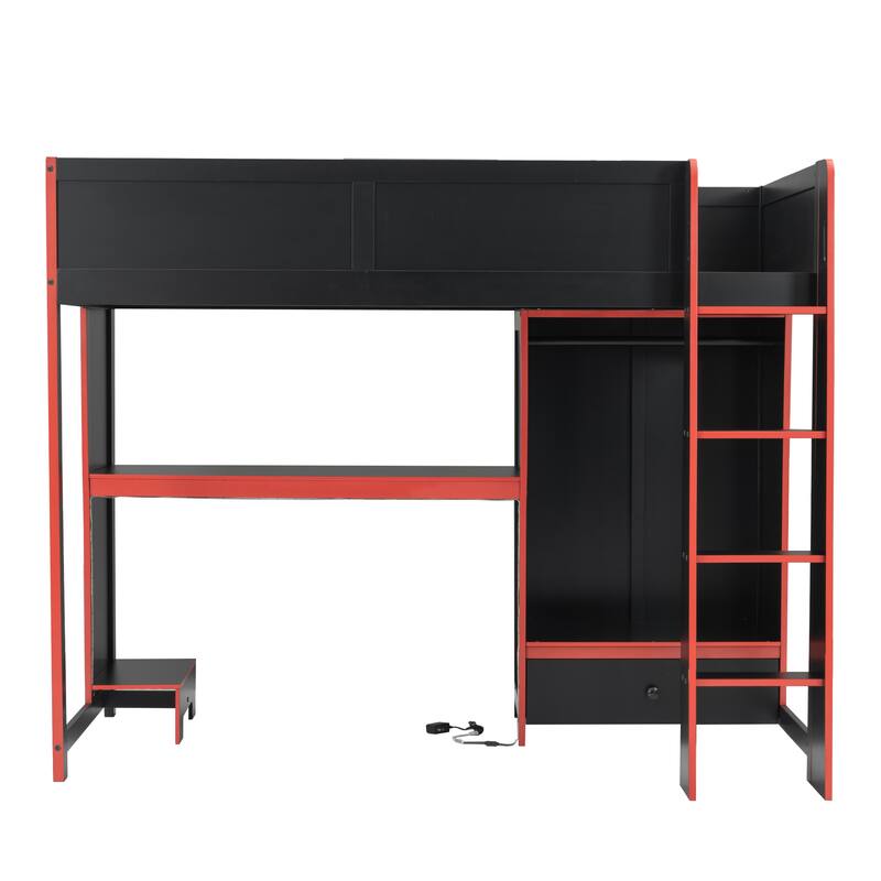 Wood Twin Size Gaming Loft Bed With Built-In Desk, Wardrobe, LED And A Drawer