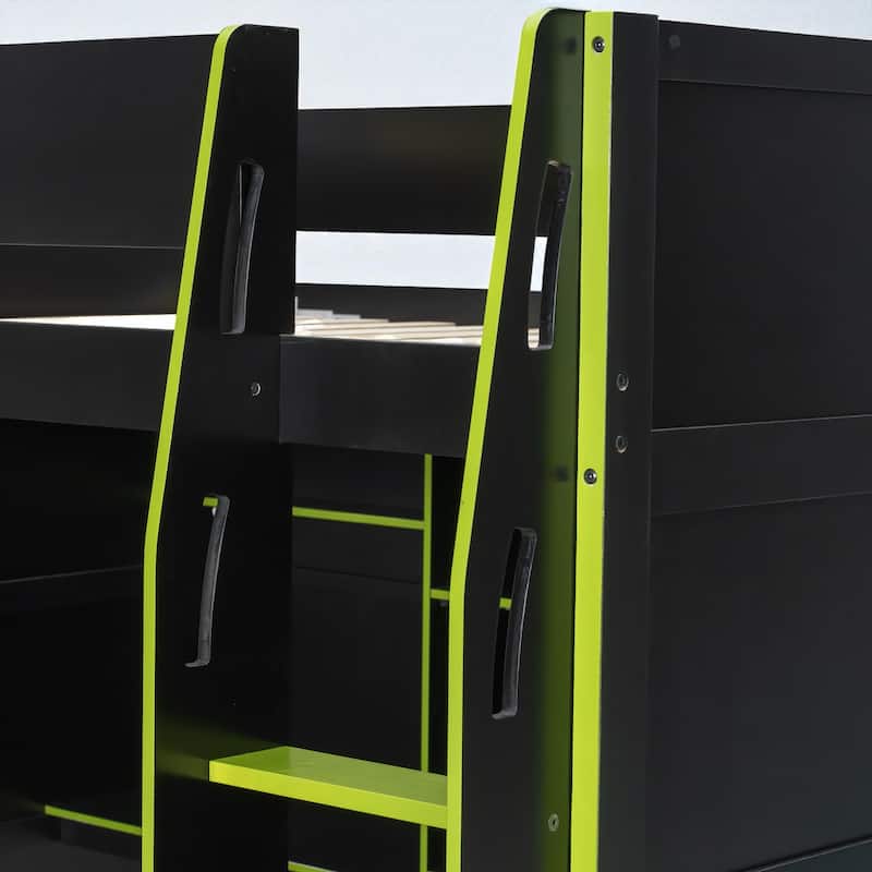 Full Size Wood Loft Bed with Desk, Open Wardrobe, Shelves and RGB LED Lights for Gaming & Storage