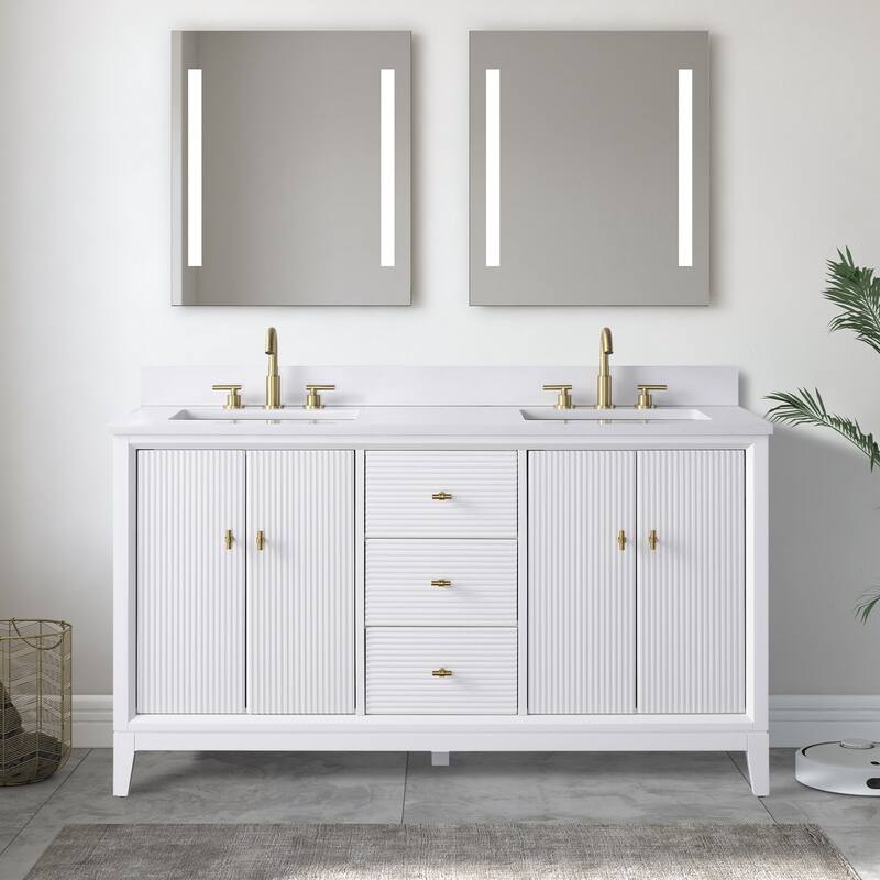 Vanity Art 60" Freestanding Bathroom Vanity with Engineered Marble Top and Sinks - 60"/Golden Brushed - White