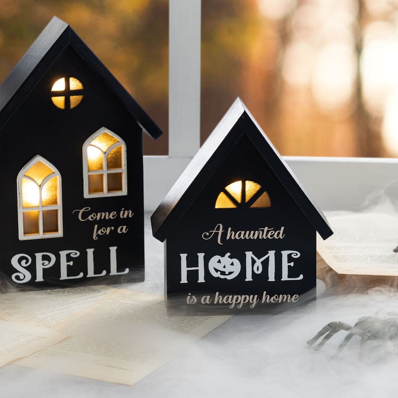 Glitzhome 8"H Set of 2 Lighted Halloween Wooden Hauted House Table Decor