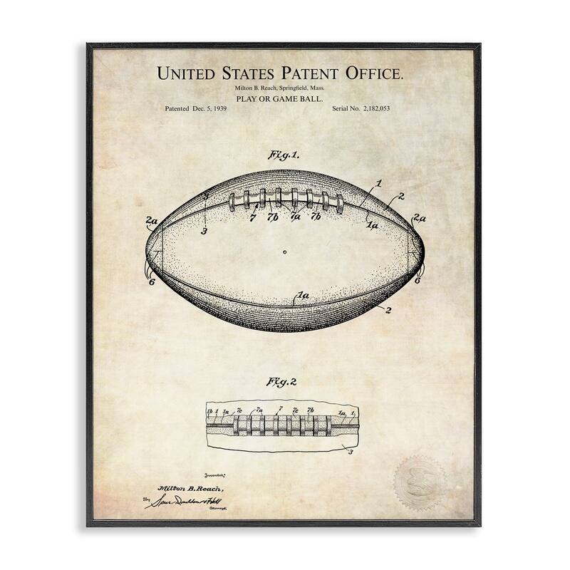 Stupell American Football Sports Patent Diagram Blueprint Design Framed Wall Art - Beige