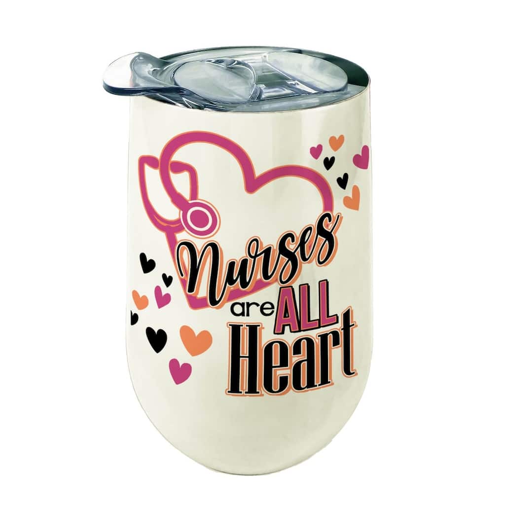 Nurses Are All Heart Stainless Wine Tumbler Insulated With Lid 14 Ounces - White,Pink