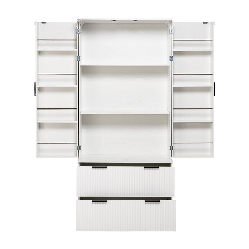 71.65" H Fluted Kitchen Pantry Cabinet, Freestanding Storage Cabinet Buffet Sideboard with 2 Large Drawers & 8-Door Spice Rack