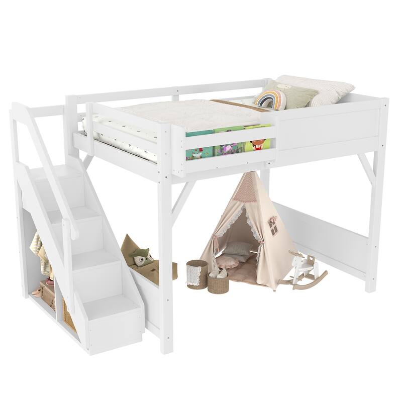 Roomfitters Loft Bed with Wardrobe and Storage Stairs, Solid Wood Frame with Bedside Shelves