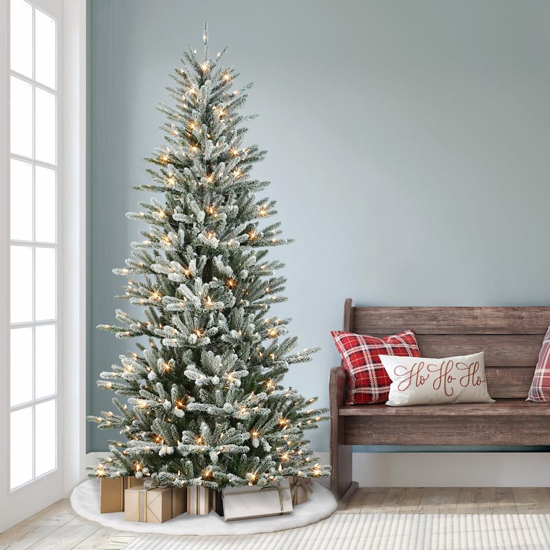 Puleo International 7.5 ft. Pre-Lit Flocked Artificial Mountain View Spruce Tree with 450 Warm White LED Lights