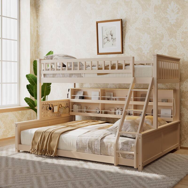 Full XL over Queen/Full over Full Bunk Bed with Integrated Shelving, Color-Changing Lights & Pegboard - Beige - Twin XL
