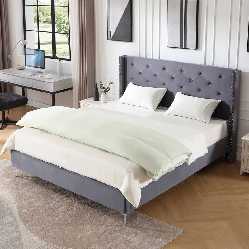 Morden Fort King Size Velvet Upholstered Platform Bed Frame with 6 inches Metal Legs