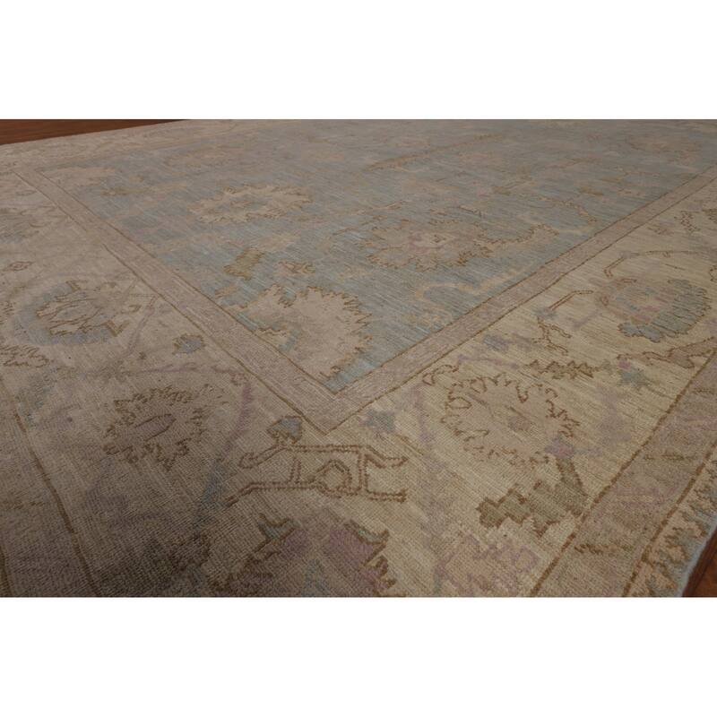 Floral Blue Oushak Turkish Area Rug Hand-Knotted Wool Carpet - 9'0"x 12'1"