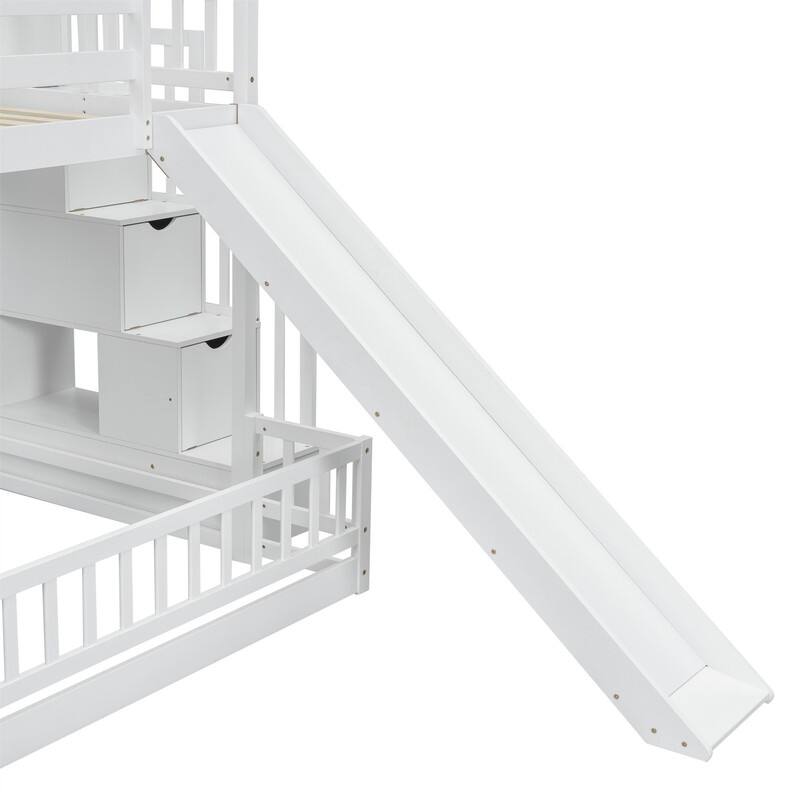 Twin Over Full Multifunctional Kids Bunk Bed Frame with Slide, Wooden Loft Bed with Storage Staircase and Guardrails