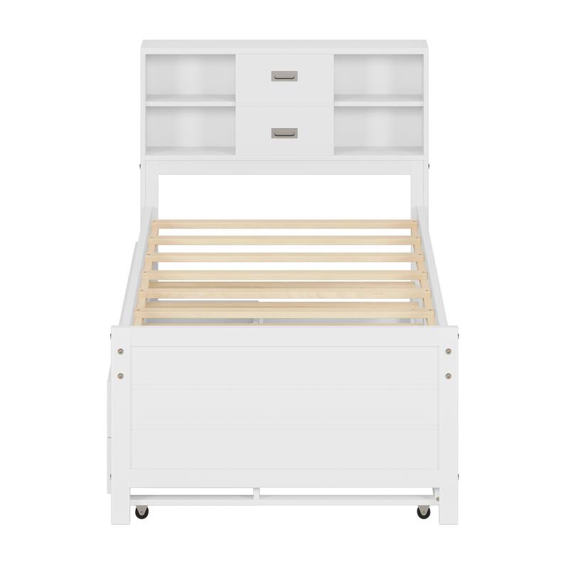 Full/Twin Size Captain Bed with Storage Bookcase Headboard,Captain bed with Trundle and Three Storage Drawer