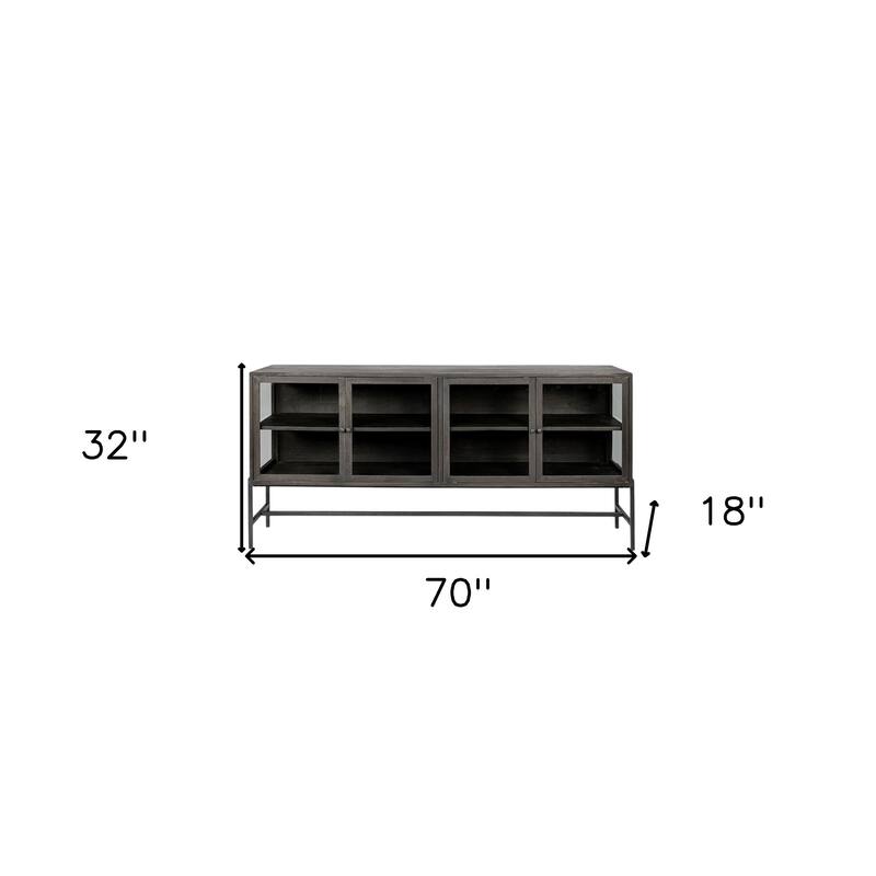 HomeRoots 70" Black Solid Wood Sideboard with Four Glass Doors - 18' X '32' X '70