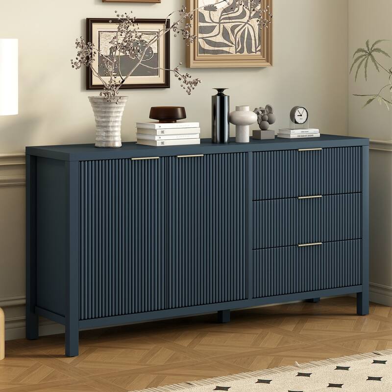 4-Door Wave-Pattern Buffet Cabinet with Wood Legs and Aluminum Handles, Kitchen Cabinet with Adjustable Shelves & 3 Drawers