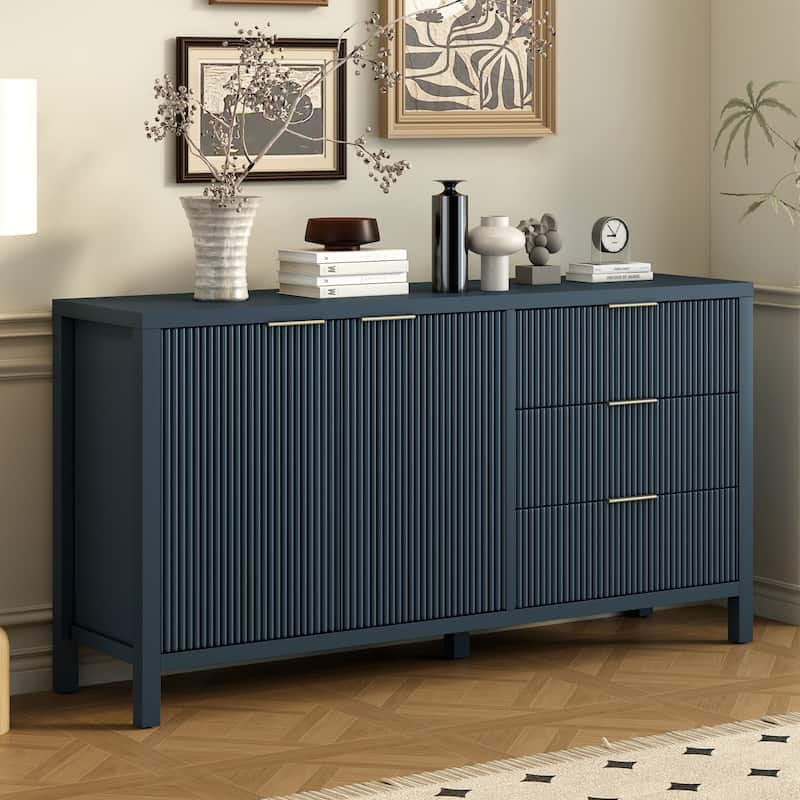 Sideboard Cabinet with Wave-Pattern 2 Doors, Kitchen Buffet Cabinet with 3 Drawers, Accent Cabinet with Solid Wood Legs