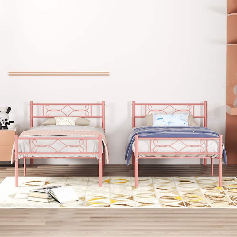 VECELO Twin Size Bed Frame Set of 2 with Headboard, 14 Inch Metal Platform Mattress Foundation Kids Bed Set of 2 - Pink
