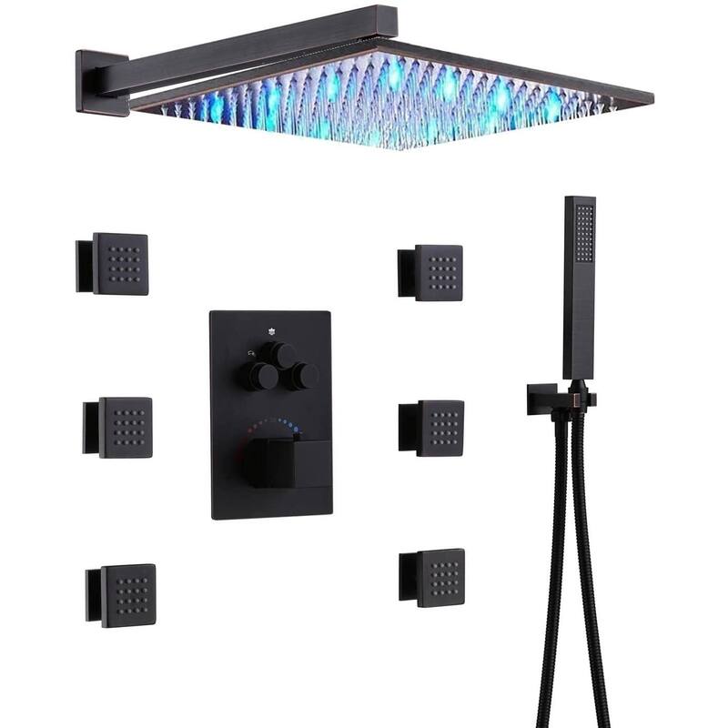 16" LED Wall Rainfall 3 Way Thermostatic Faucet Shower System w/6 Body Jets