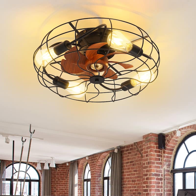 20" Black Industrial Caged Ceiling Fan with Lights and Remote Control - 20 Inch