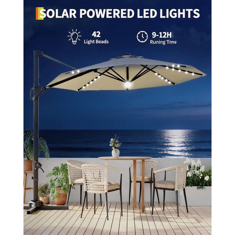10FT Outdoor Cantilever Umbrella, 360-Degree Rotation, with LED
