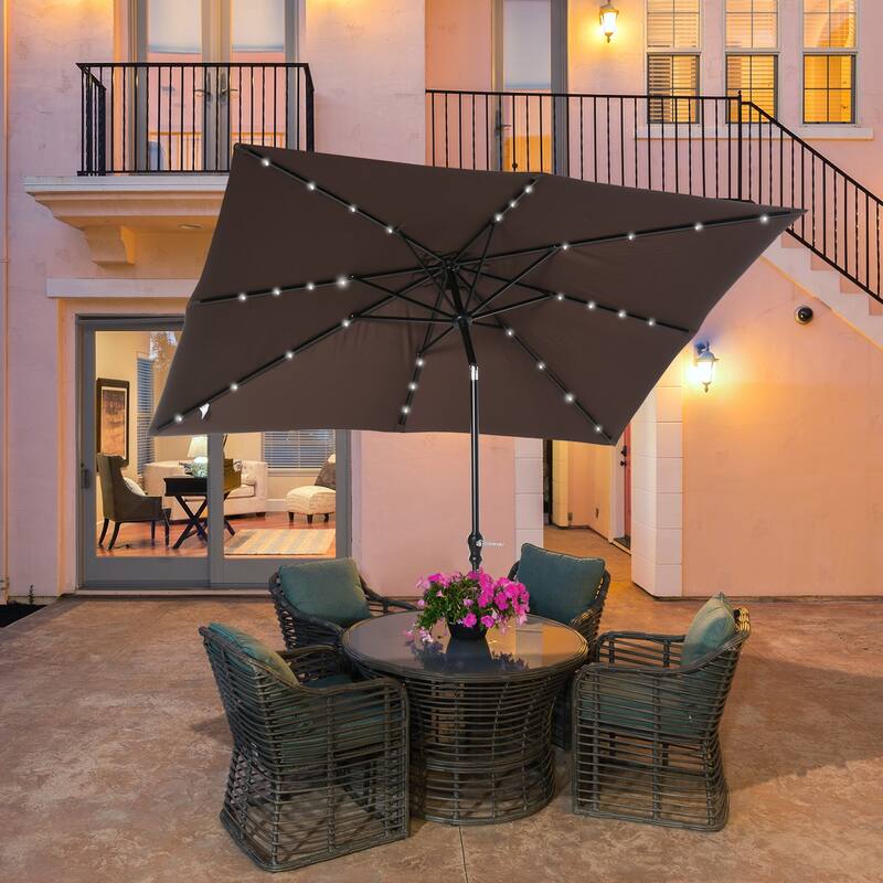 Outsunny 9-ft x 7-ft Square LED Patio Umbrella with Lights for Outdoors, Solar Umbrella - Brown