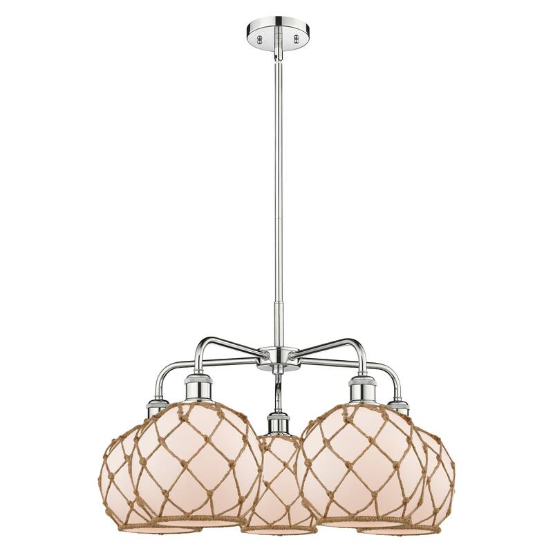 Innovations Lighting Endless Possibilities Ballston - Farmhouse Rope - 5 Light 27" Stem Hung Chandelier - White Glass with Brown Rope/Polished Chrome